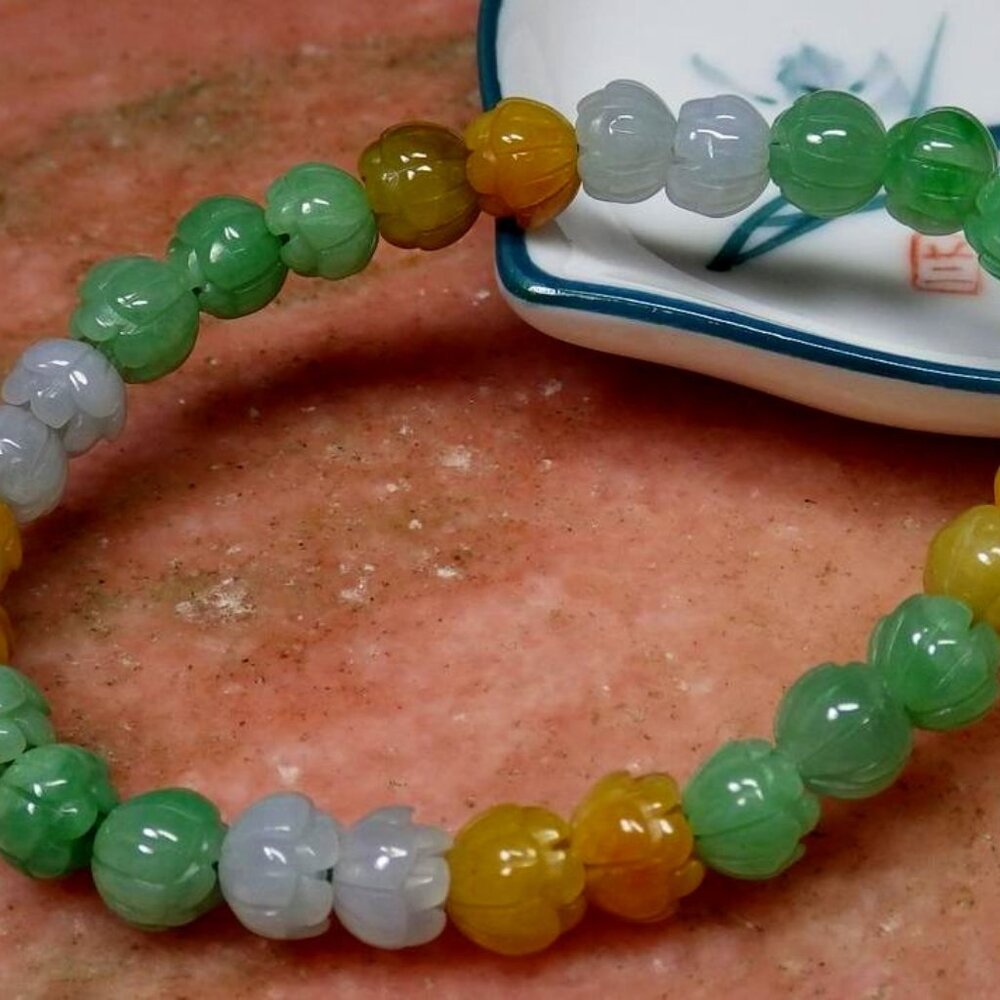 Certified 3 Color Natural A JADE Jadeite Beads Bangle Lotus Flower Bracelet 手链